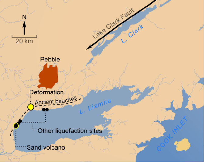 Lake Clark Fault runs towards the Pebble Deposit at its last mapped position, near the end of Lake Clark.  Landscape deformation and liquefaction has been located on the shore of Lake Iliamna.